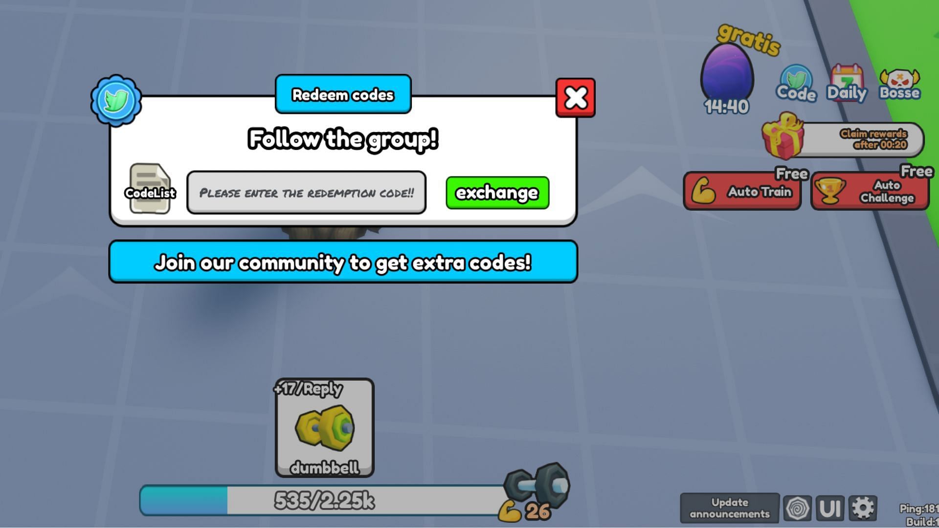 Redeem codes in Lift Everything By Effort (Image via Roblox)